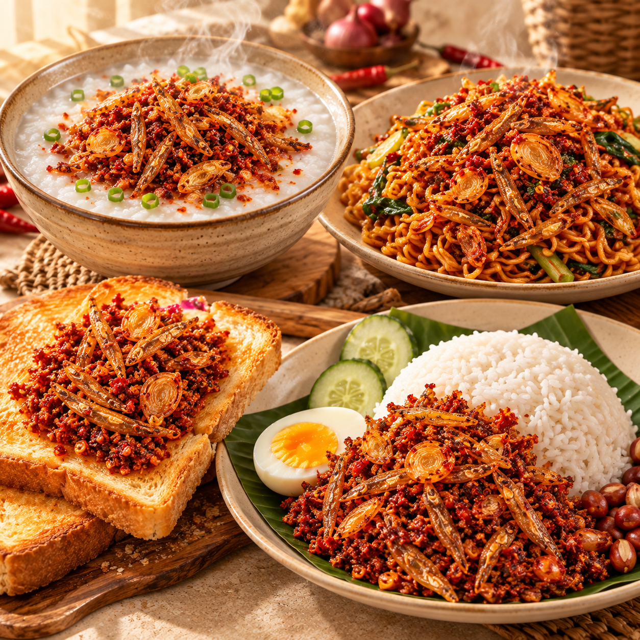 Sambal bilis dengan bubur, mee, roti & nasi lemak